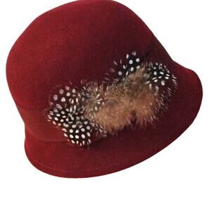 Vintage Red Wool Cloche Hat Pheasant Feathers 1920s style Design Winter Luxe